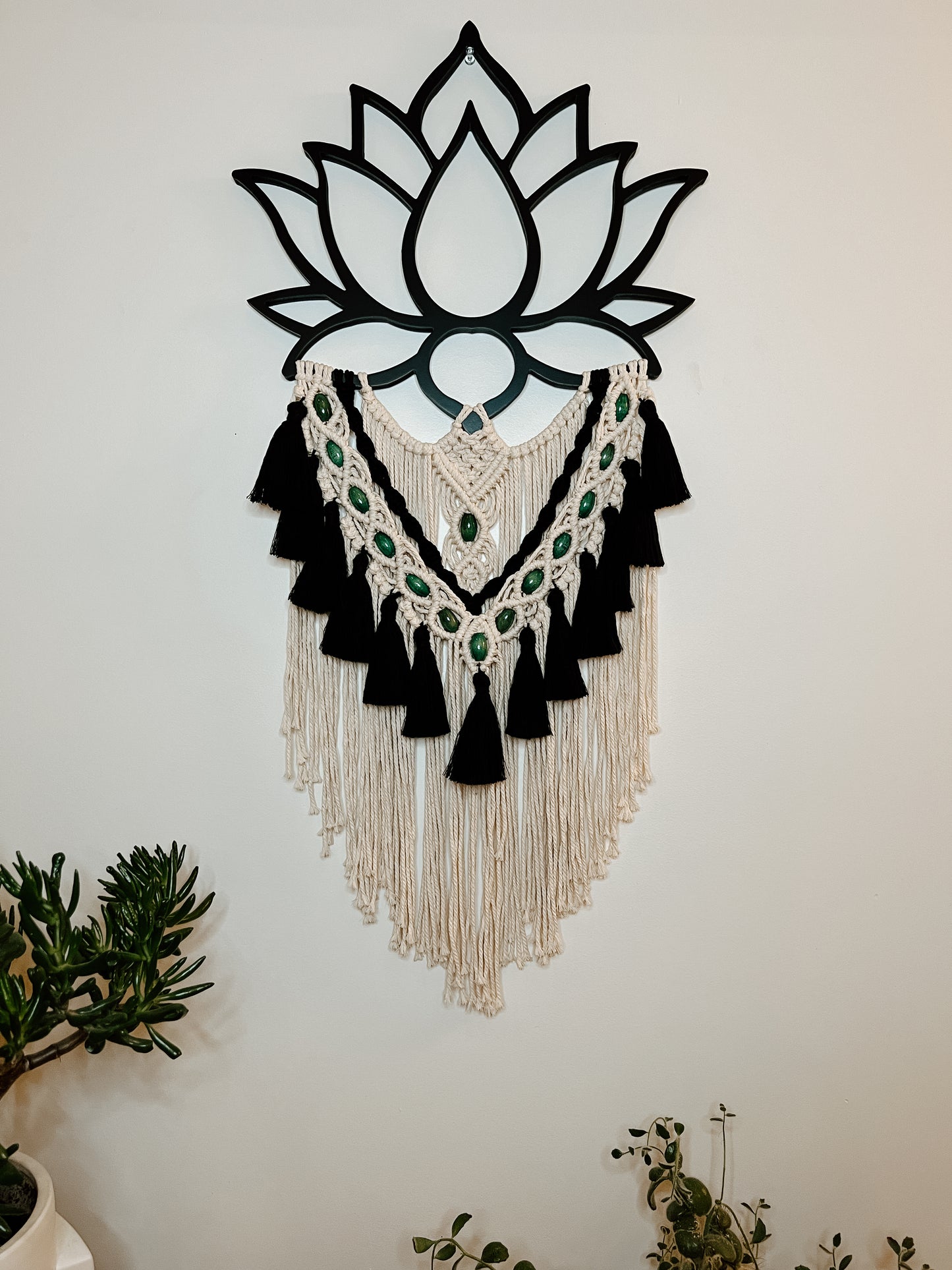 Large Lotus Macrame Wall Hanging with Green Accents