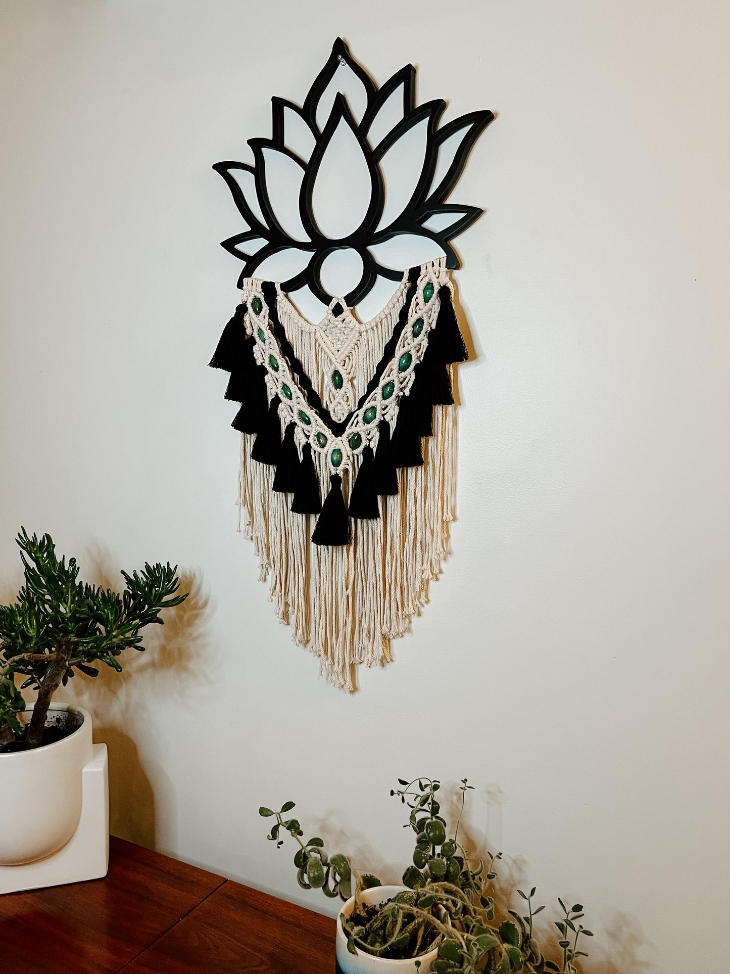 Large Lotus Macrame Wall Hanging with Green Accents