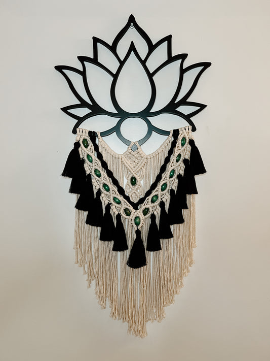 Large Lotus Macrame Wall Hanging with Green Accents
